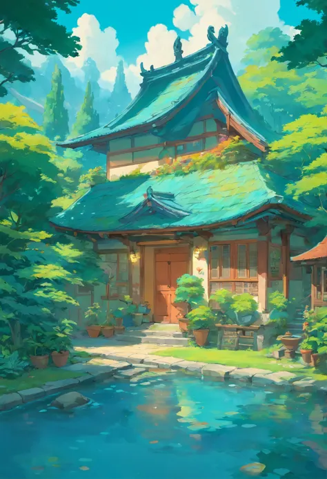 inthe style of tranquil gardenscapes, Animated color photos, Masami Teraoka, aquamarine, Paul Gauguin, Amber style, Honest portrait，A large yard，There are no characters，There is a house