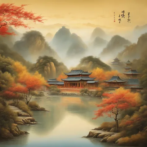 An idyllic Chinese mural, Light and white style, Layered landscape, japanese style art, monumental murals, Ricoh FF-9D, Golden Age aesthetics, Exotic landscape