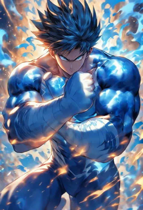 Muscular young man in a hero leotard with a blue and white porcelain theme