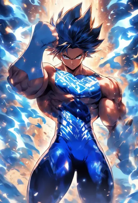 Muscular young man in a hero leotard with a blue and white porcelain theme