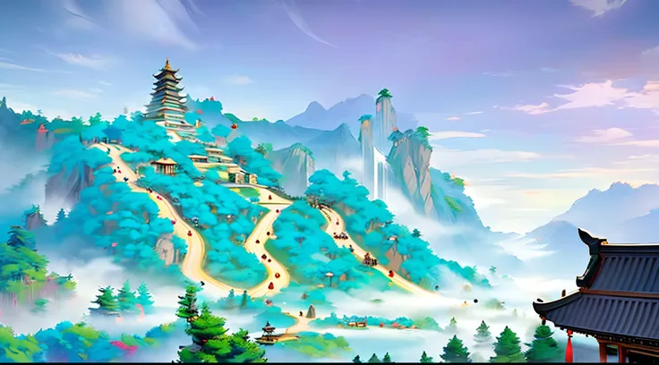 tmasterpiece，best qualityer，Towering mountains，Clouds，The pine trees are lush，Taoist temples in China，Beautiful Taoist priest，4K Ultra HD, 超高分辨率, （pastel colour：1.2)