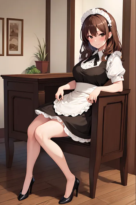 masterpiece, best quality, highres, brown hair, curly hair, hazel eyes, maid, maid headdress, apron, indoors, sexy maid uniform, sitting, pose, black high heels