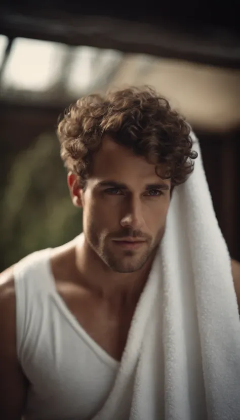 portrait of a handsome male, short curly hair wearing a white bath towel big