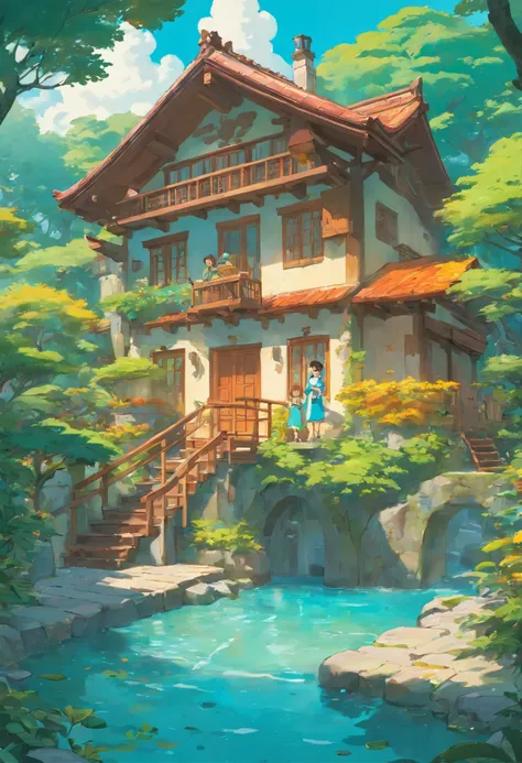 inthe style of tranquil gardenscapes, Animated color photos, Masami Teraoka, aquamarine, Paul Gauguin, Amber style, Honest portrait，A large yard，There are no characters，There is a house