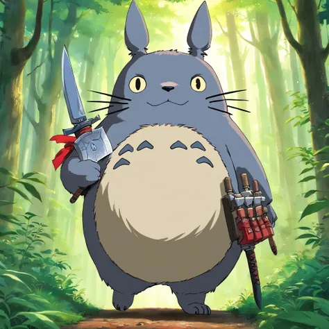 Totoro, Wearing armor , Knife in hand, ln the forest，No Man