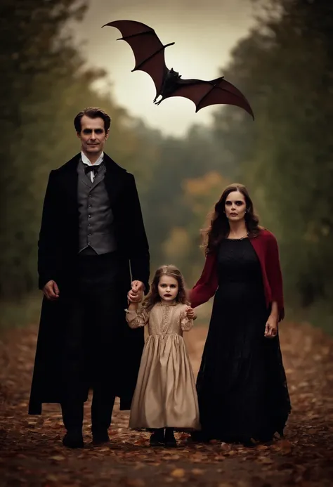 vampire family of three celebrating Halloween. A large bat flies above them. Theres a ghost behind them