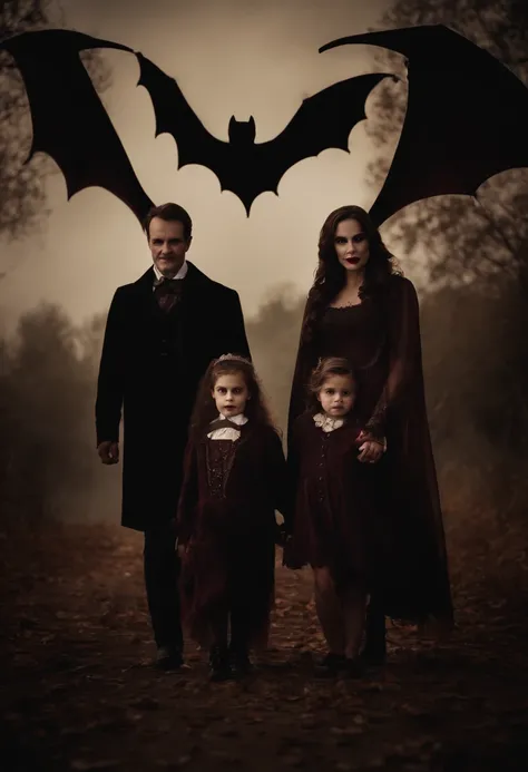 vampire family of three celebrating Halloween. A large bat flies above them. Theres a ghost behind them