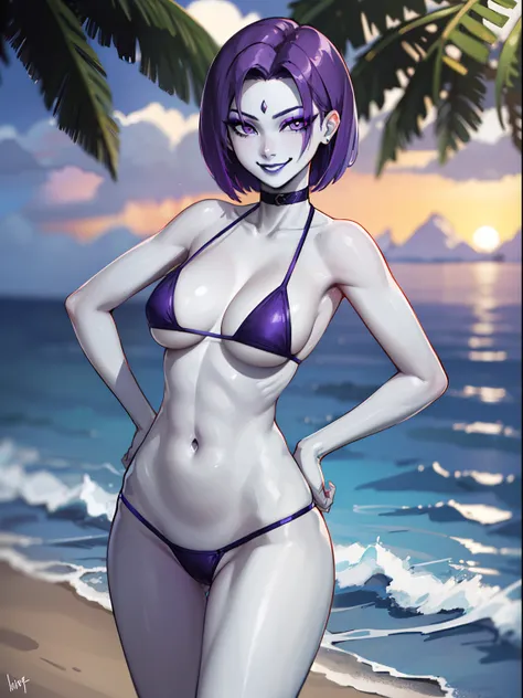 highres, masterpiece, perfect ligthing, bloom, cinematic lighting, adult, perfect skin, female,,1girl,solo,RavenTT,short hair,purple hair, purple eyes,makeup,black lipstick,grey skin,narrow waist,skinny,,outdoor,smirk,fist on hip,micro bikini,ocean,happy,s...