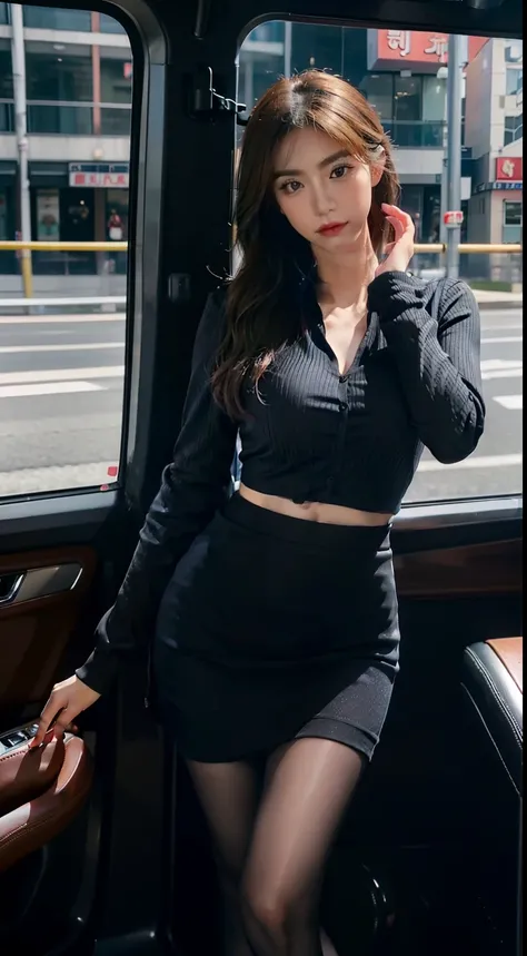 Pose in a city police car, a picture，Raised sexy, police officers, Wearing a police uniform, bobby, officer, Police, Outfit, female sheriff, korean womens fashion model，tight-fitting，Skirt that wraps hips，Tight short skirt with hips，high-heels，Pear-shaped ...