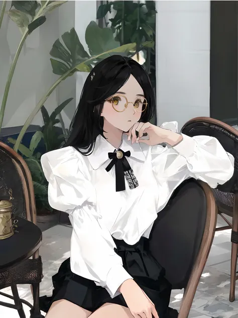 there is a woman sitting in a chair with a black tie, wearing a blouse, ( ivory black ), (wearing thin large round circle glasses:1.1), puff sleeves, ulzzang, white blouse, sakimichan, wearing a white blouse, white trendy clothes, shirt, bowknot, handsome ...