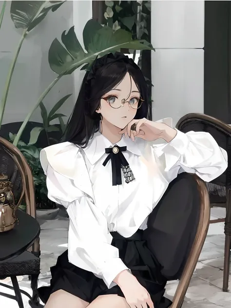 there is a woman sitting in a chair with a black tie, wearing a blouse, ( ivory black ), (wearing thin large round circle glasses:1.1), puff sleeves, ulzzang, white blouse, sakimichan, wearing a white blouse, white trendy clothes, shirt, bowknot, handsome ...