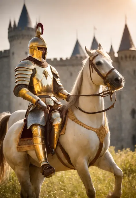 Majestic royal knights dressed in golden armor, Hold the sword with confidence and courage. The knight stands tall and strong against the background of a magnificent castle, Sunshine, Show the majesty and power of the Royal Knights. This high-definition im...