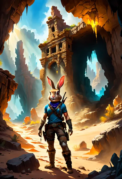 A cowboy rabbit in Tomb Raider searching for treasure,illustration,oil painting,vivid colors,professional,highres,ultra-detailed,realistic,horror,adventurous,desert landscape,crumbling ruins,stalactites and stalagmites,ominous shadows,ancient artifacts,tor...