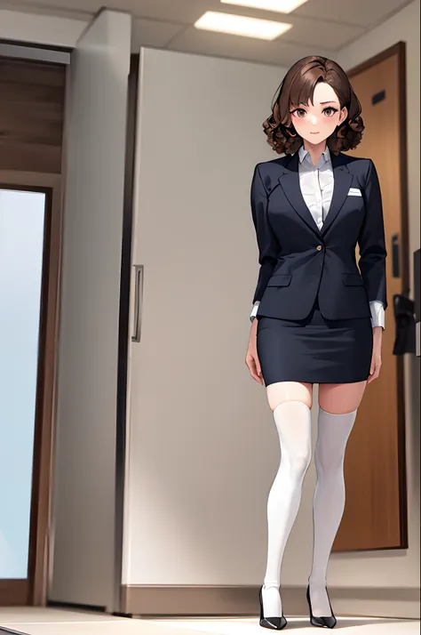 masterpiece, best quality, highres, brown hair, curly hair, hazel eyes, business suit, skirt suit, blazer, pencil skirt, long white socks, white thighhighs, indoors, standing, pose, black high heels