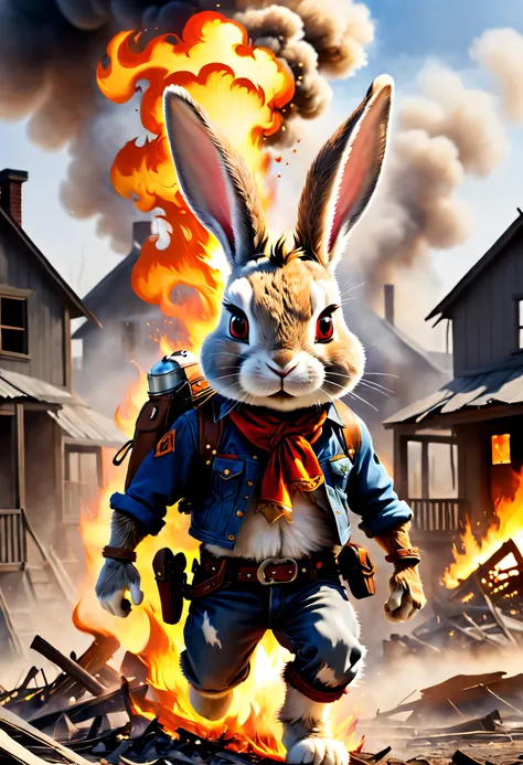 A cowboy rabbit coming out of the flames, explosion background, Destroyed houses, Thick smoke,