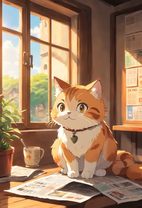 Cute cat with round eyes,Read the newspaper, Sunlight outside the window