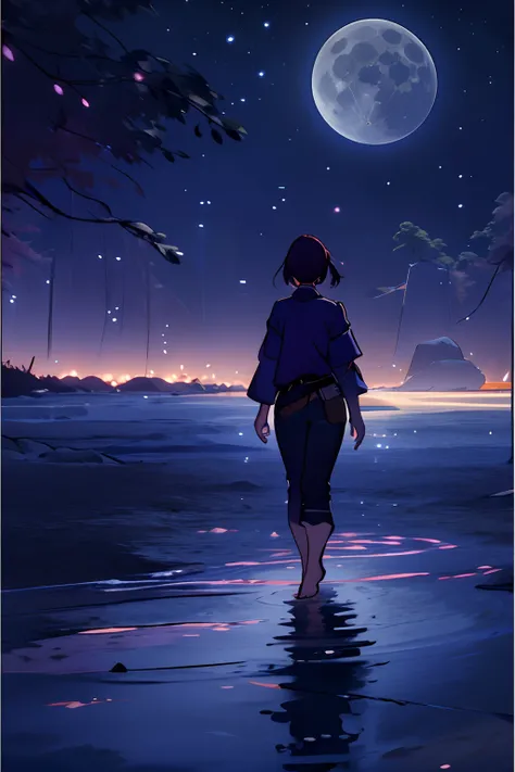 A woman in a blue shirt and jeans walks across a calm river at night, her silhouette cast against the dark water and sky. The only light comes from the moon and stars, which she gazes up at with a contemplative expression. Her bare feet suggest she is comf...