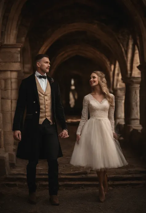 Family photo of three-person vampires, The façade of a medieval castle, A large bat flies over the vampires, Halloween Holiday. Blonde in a red dress, Man in suit, Girl with two pigtails