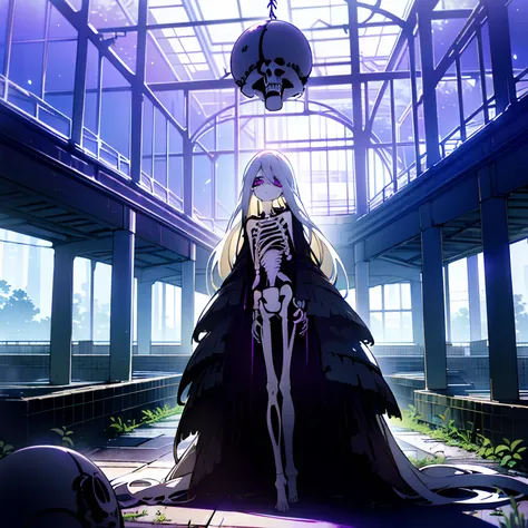 ((Masterpiece, dull coloring, dark lighting, solo, full body)), anime girl floating above the ground, slouched, neutral pose, cute face, ((white hair, long hair, wispy hair, white skin, thin body, slim body, skeleton body, bones, white bones, ribcage, skel...