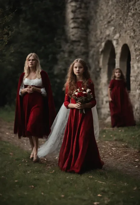 Halloween Holiday, A family of vampires in front of a medieval castle, Blonde woman in red dress, A man in a dark suit, Child with two pigtails, Large Bat, ghost