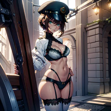 1woman, medium breasts, tiny waist, medium butt, skinny, thigh gap, wearing white lace bra, wearing white gaterbelt, wearing white lace panties, wearing white stockings, wearing black police cap, brown hair, pixie haircut, green eyes, long eyelashes, thick...