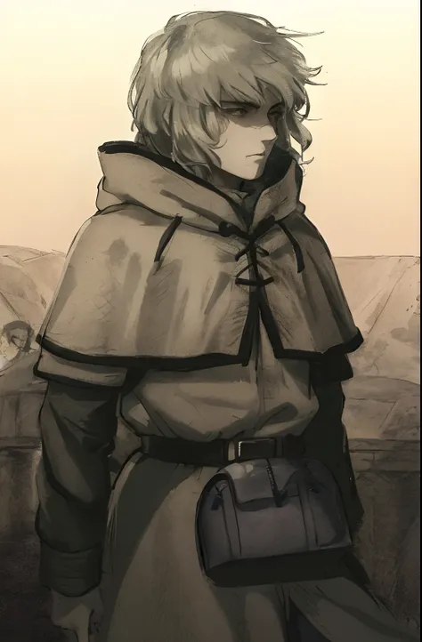 a close up of a person in a hooded jacket with a bag, kvothe from name of the wind, caleb from critical role, boromir in an anim...