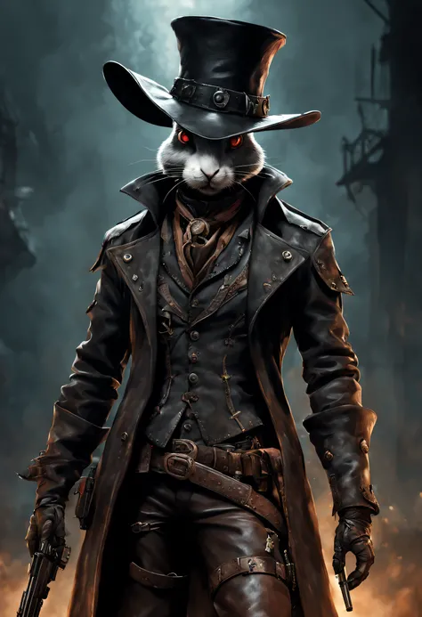 Photo by Alfid Rabbit，He wears a gun in his hat，leather pant, Bloodborne portraits, After - the apocalyptic cowboy violent bunny, dark fantasy character design, Stylized urban fantasy artwork, Powerful violent bunny, the plague doctor, Portrait of the Old ...