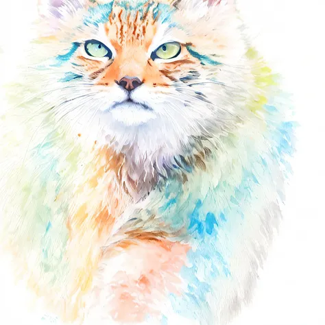 there is a pallas cat that is looking at something with a splaty paint effect, pallas cat. digital painting, painted in bright water colors, painted with colour on white, cat portrait, watercolor digital painting, digital watercolor, pallas cat design, pai...