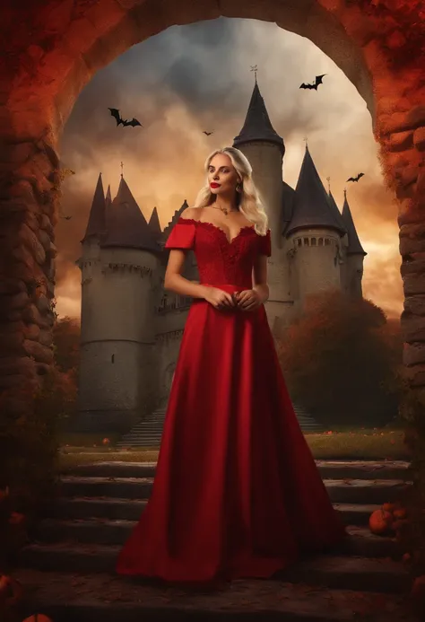 Halloween Celebration, Vampire Family (Blonde in a red dress, ember, Girl with hair braided into two braids) In front of the medieval castle. A large bat flies above them, Halloween decorations