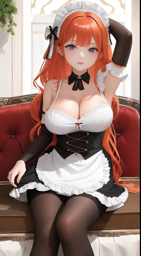 /draw apron orange_hair green_eyes breasts breasts_out couch dress female frills gloves highres koruse large_breasts long_hair looking_at_viewer lying maid maid_apron maid_headdress no_panties original solo gloves black pantyhose lifts her skirt and shows ...