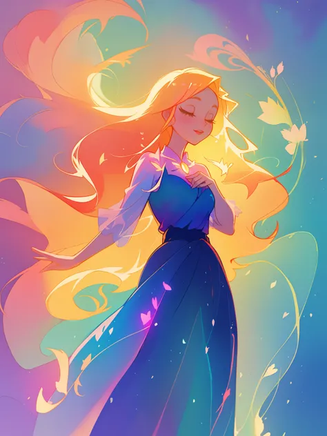 beautiful girl in flowing colorful ballgown, fairy dress, long golden hair, colorful watercolor background, inspired by Glen Keane, inspired by Lois van Baarle, disney art style, by Lois van Baarle, glowing aura around her, by Glen Keane, jen bartel, glowi...