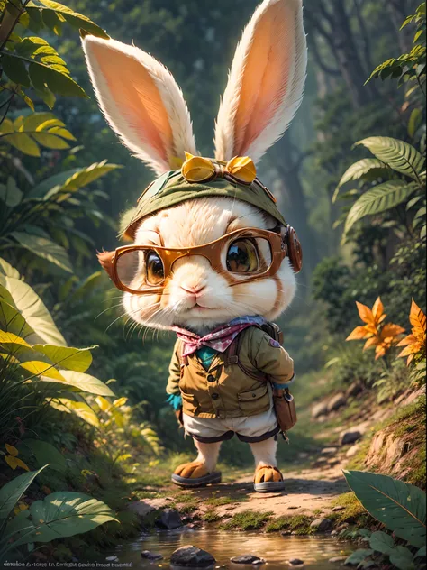 in the middle of nowhere, a rabbit excitedly embarks on an adventure. wear a specially made explorer's outfit，with small pockets...