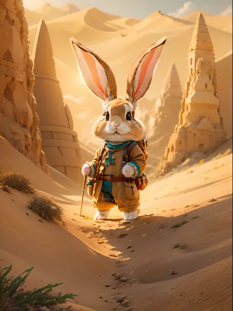 in the vast desert, a rabbit excitedly embarks on an adventure. wear a specially made explorer's outfit. the outfit also has sma...