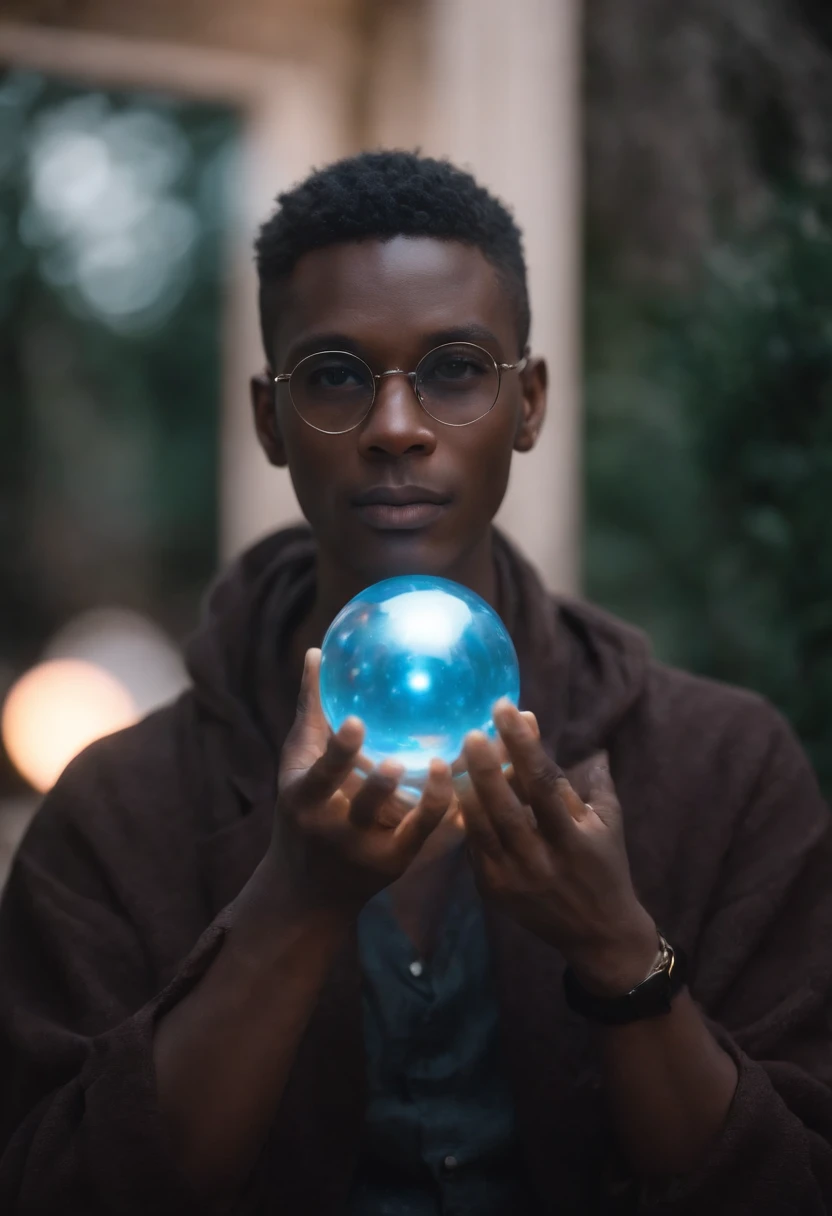 ((Homme)), Anime, cheveux noirs moyens, dark skinned, verres de lunettes brillantes, mouth closed and expressionless, assis, with his hands holding a glowing orb while two other glowing spheres orbit around him.