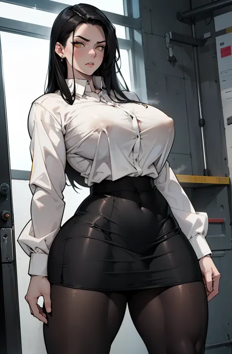 pale skin ((1 girl)) ((((muscular)))), ((huge tits)) ((thick thighs)) ((wide hips)) ((toned body)) ((curvy)) (thick thighs)) (pale skin) black hair very long hair yellow eyes angry (long sleeve white shirt pantyhose pencil skirt)