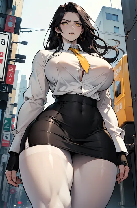 pale skin ((1 girl)) ((((muscular)))), ((huge tits)) ((thick thighs)) ((wide hips)) ((toned body)) ((curvy)) (thick thighs)) (pale skin) black hair very long hair yellow eyes angry (long sleeve white shirt pantyhose pencil skirt)