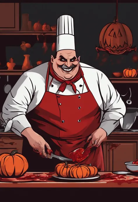 fat vampire chef cooking halloween dinner. The vampire chef has evil red eyes, There are thorns on his face, vampire teeth. A bat flies above him. Pumpkins and blood on the table