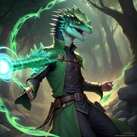 magical summoner boy,3 basilisk lizards,illustration,detailed character,green scales,dark green eyes,fierce glare,fantasy,mythical creatures,floating fireballs,summoning circle,magic staff,wispy smoke,enchanted forest,adventure,impressive artwork,(best qua...