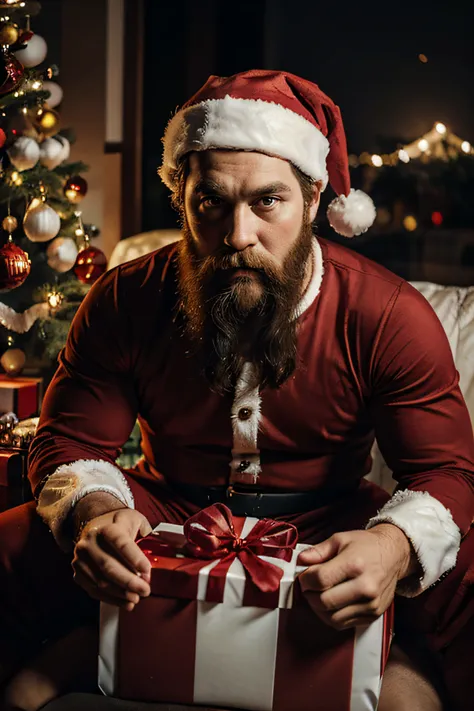 a 30 year old man dressed as Santa Claus with an angry face sitting full of gifts, cinematic, ultra realistic, detailed eyes