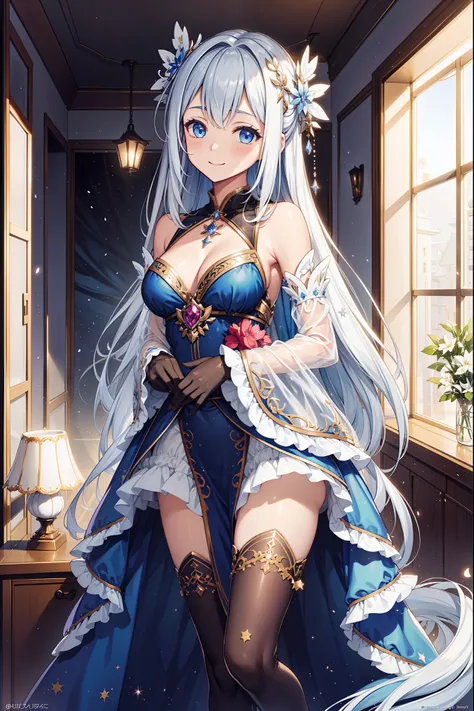 solo person，the night，inside in room，smiling expression，is shy，saintess，See-through Pajamas，see-through sleeves，Enchanted，Petal edges，adolable，Light colors，gentleness，Snowflake decoration，extremely detailed CG  8k wallpaper，best qualtiy，tmasterpiece，A high...