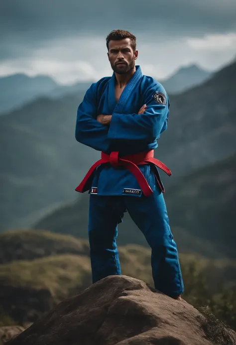 homem em frente a uma gigantesca montanha ao fundo, with arms crossed, Man in combat position, Quimono de jiu-jitsu, 8k, hyper realista, detalhado.