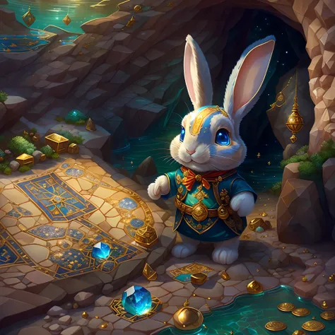 ((tmasterpiece))，((best qualtiy))，((The is very detailed：1.3))，(When a cute little rabbit steps into a dark cave，A faint ray of sunlight shone through the gap in the suit，Wear a specially made explorers outfit. The outfit also has small pockets，Necessary t...