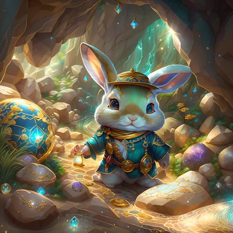 ((tmasterpiece))，((best qualtiy))，((The is very detailed：1.3))，(When a cute little rabbit steps into a dark cave，A faint ray of sunlight shone through the gap in the suit，Wear a specially made explorers outfit. The outfit also has small pockets，Necessary t...