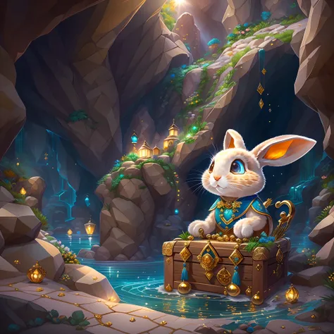 ((tmasterpiece))，((best qualtiy))，((The is very detailed：1.3))，(When a cute little rabbit steps into a dark cave，A faint ray of sunlight shone through the gap in the suit，Wear a specially made explorers outfit. The outfit also has small pockets，Necessary t...