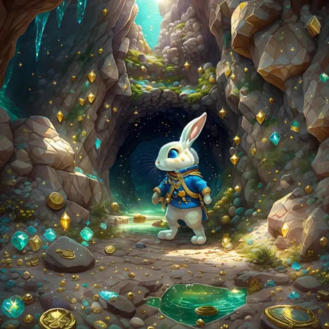 ((tmasterpiece))，((best qualtiy))，((The is very detailed：1.3))，(When a cute little rabbit steps into a dark cave，A faint ray of sunlight shone through the gap in the suit，Wear a specially made explorers outfit. The outfit also has small pockets，Necessary t...