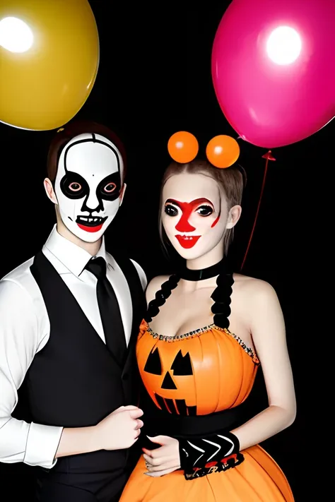 twin couple, Halloween, assustador, holding balloons