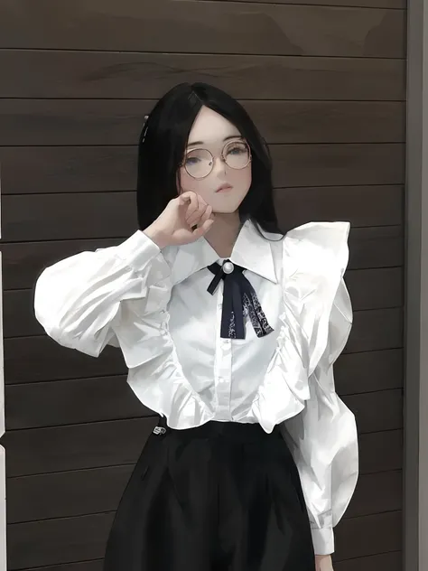 there is a woman that is posing for a picture in a white shirt, wearing a blouse, ulzzang, 
(wearing thin large round circle glasses:1.1), frilled blooming collar, wearing lab coat and a blouse, dressed with long fluent clothes, wearing a white blouse, whi...