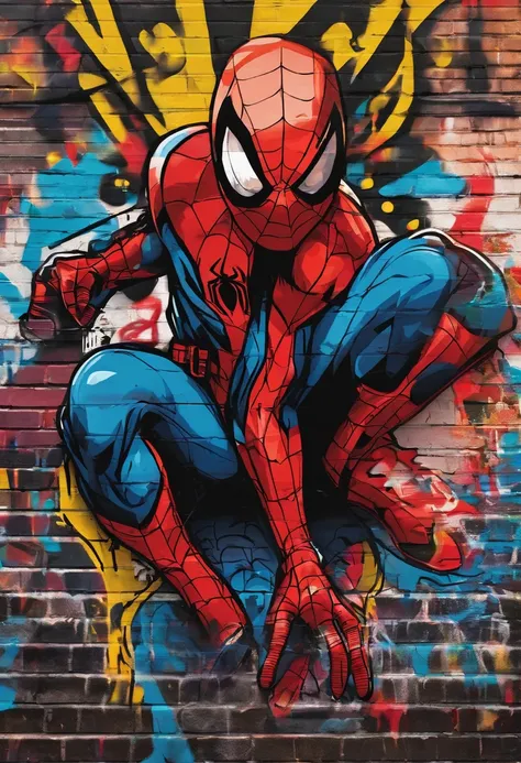 Prompt: Graffiti, spider-man， The whole picture, hight resolution、highly contrast，Deadpool，Cool