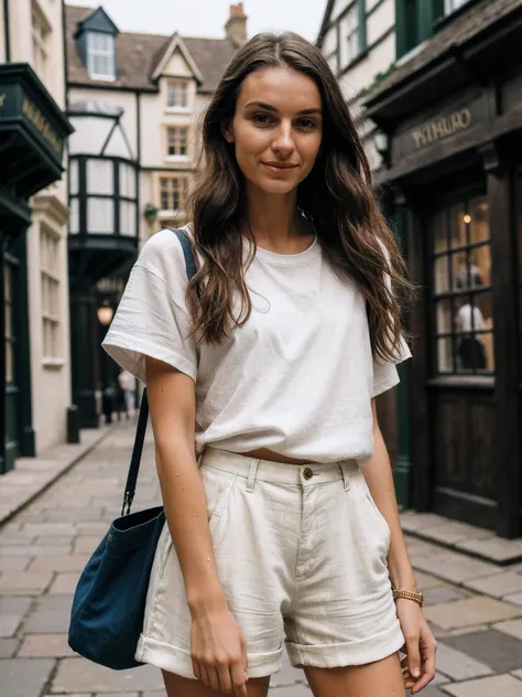 A stunning intricate full color portrait of a wet 25 year old shy Hungarian woman, wearing White t-shirt, linen shorts, and woven sandals, Enchanting Diagon Alley, London (Harry Potter Studio Tour), many spectators, epic character composition,by ilya kuvsh...