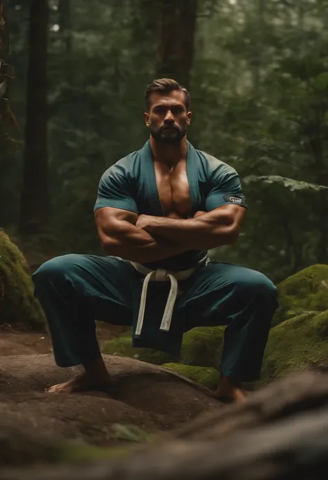 homem em frente a uma gigantesca montanha ao fundo, with arms crossed, Man in combat position, Quimono de jiu-jitsu, 8k, hyper realista, detalhado.